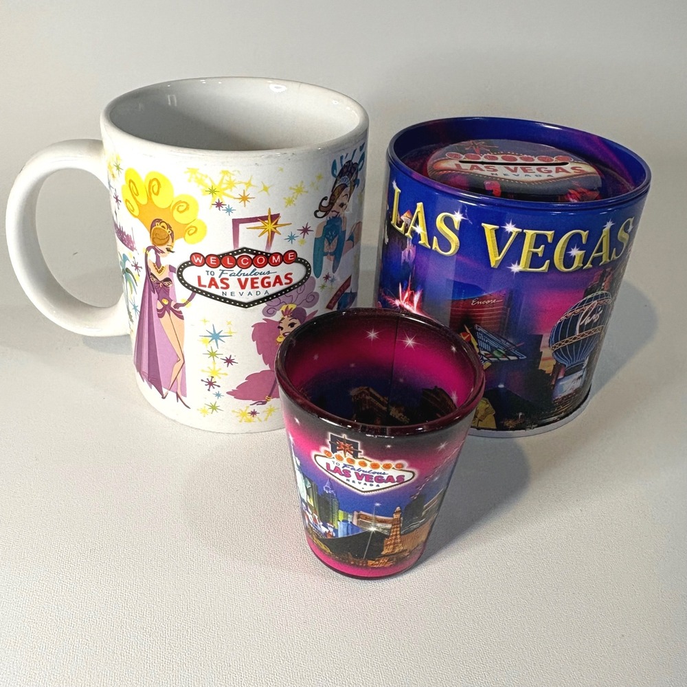 Las Vegas Souvenir Bundle Mug Shot Glass and Skyline Tin Coin Bank